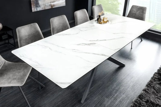 Masa extensibila Dreptunghiulara de 6-8 persoane din Ceramica Alb si Metal Negru L160-200xH76cm Alpine