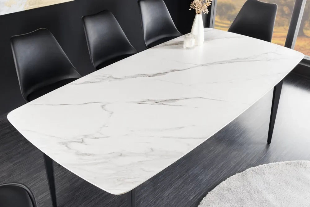 Masa din Ceramica Alb cu efect de marmura si Metal Negru L180xH76cm Milano