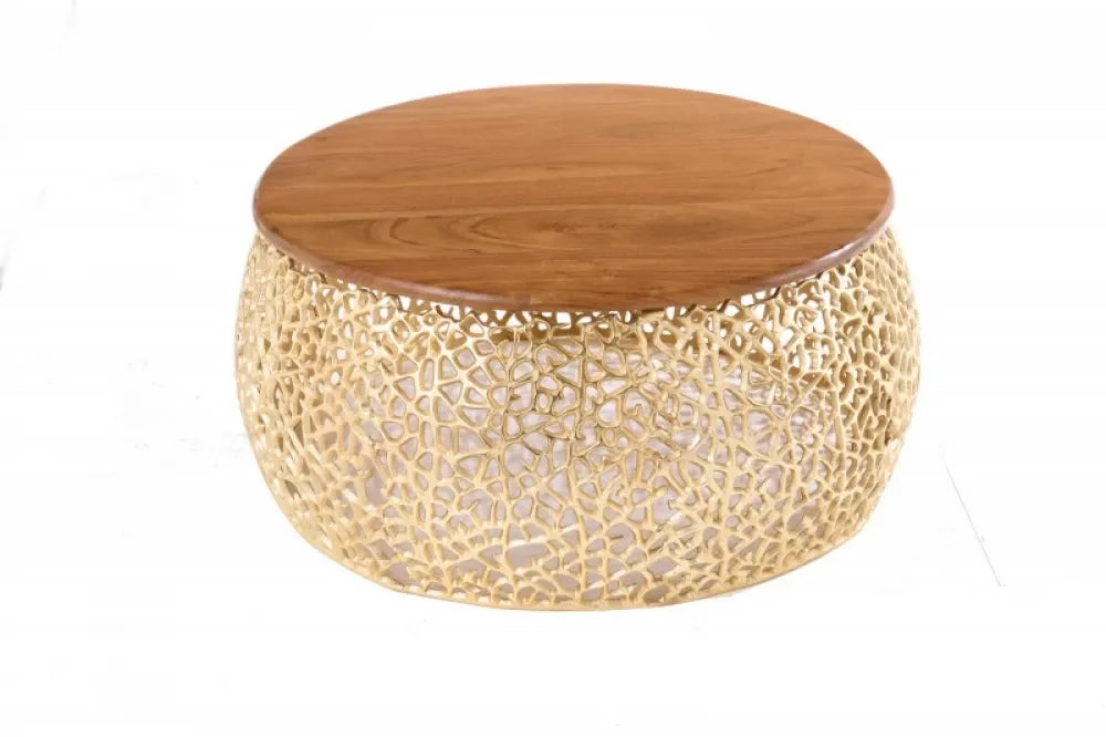 Masuta de cafea Rotunda din Lemn masiv de salcam Maro si Metal Auriu D73xH32cm Leaf