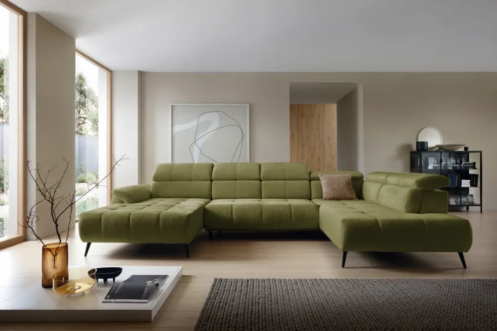 Coltar extensibil electric In forma de U  tapitat cu Chenille Verde cu lada depozitare Genova III