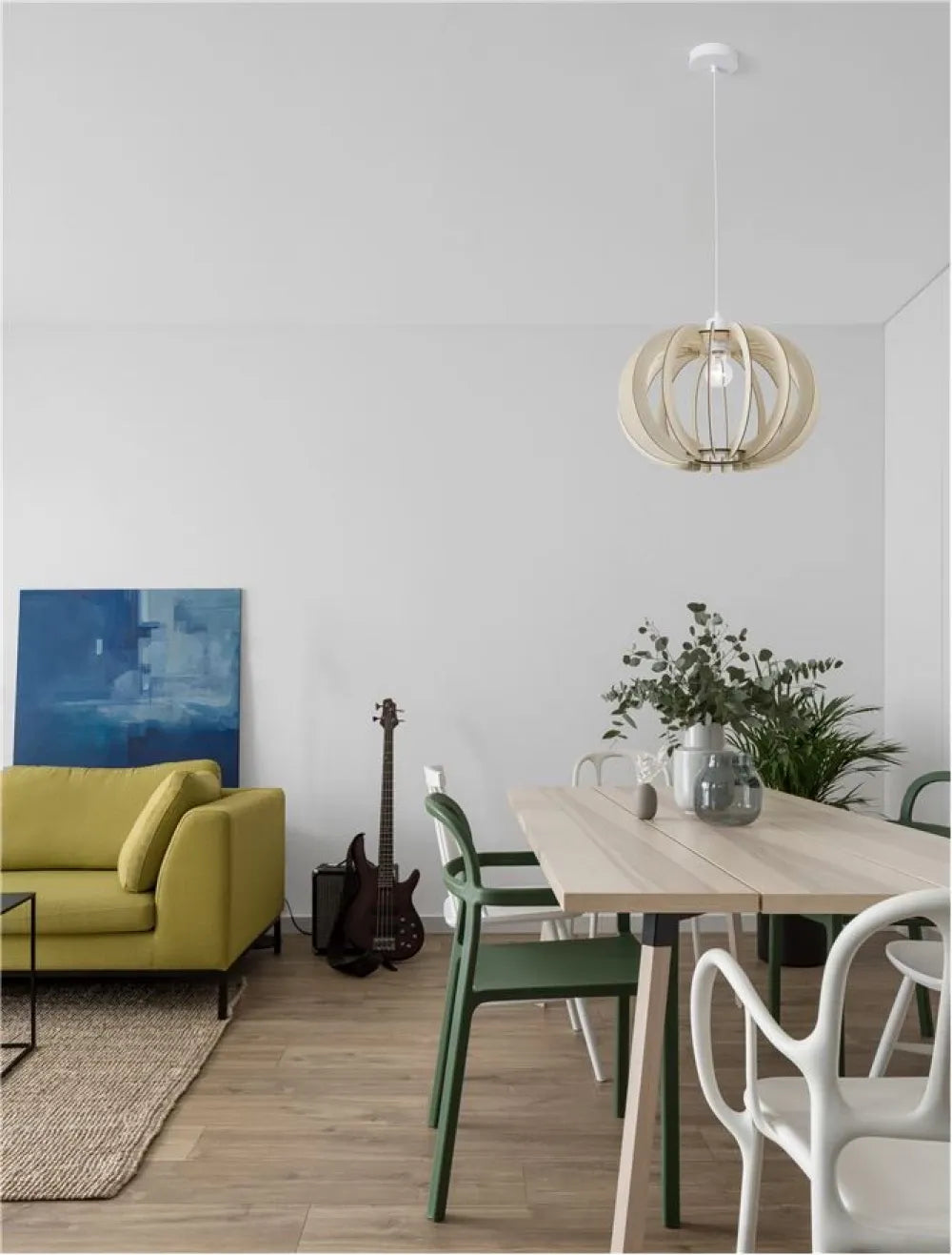 Pendul structura din Metal Alb si abajur din Lemn Bej H126xL40cm IP20 OTTOLINE