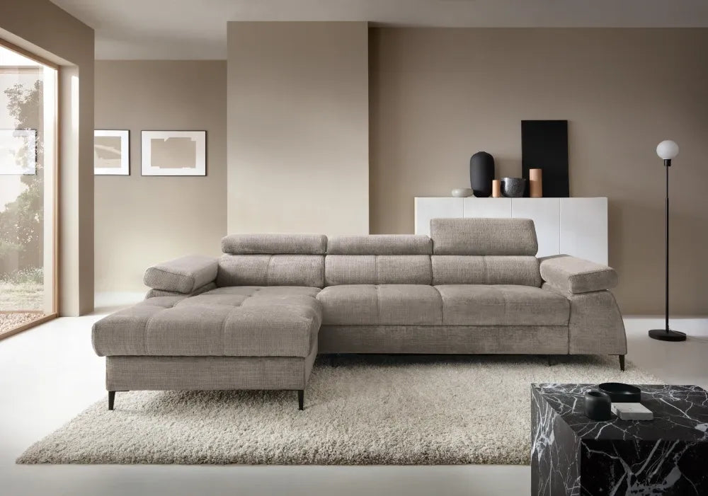 Coltar extensibil tapitat cu Chenille Bej inchis cu lada depozitare Cordoba I