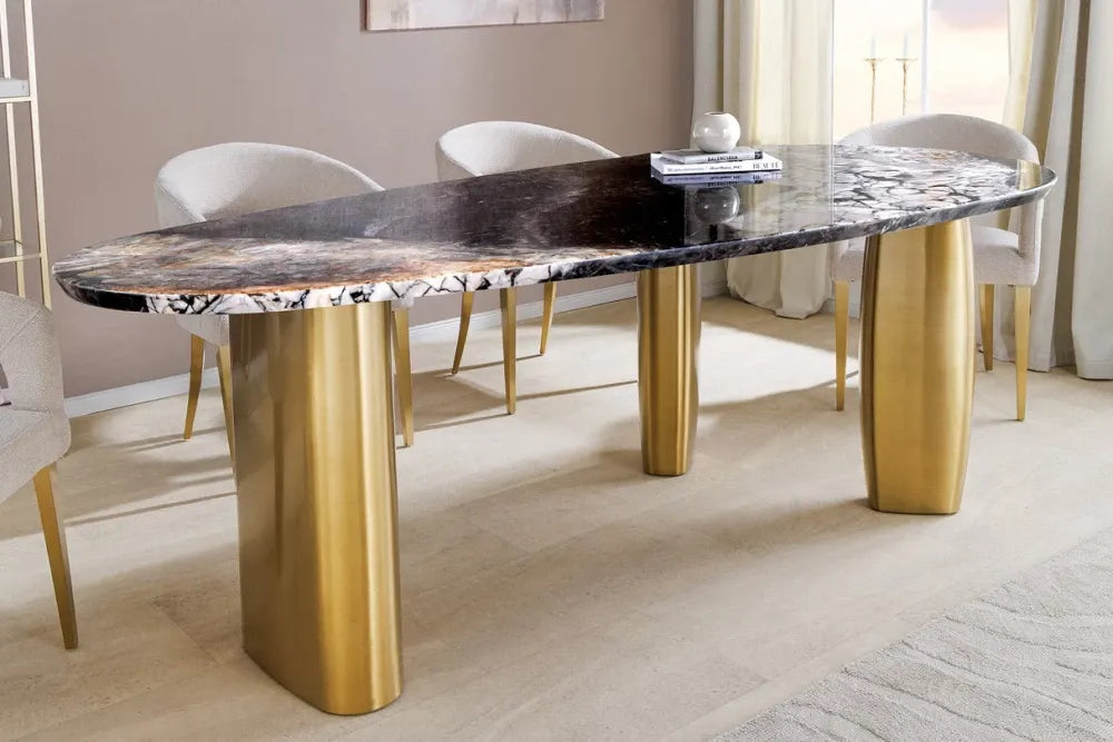 Masa din Marmura Multicolor si Metal Auriu L200xH76cm Organic