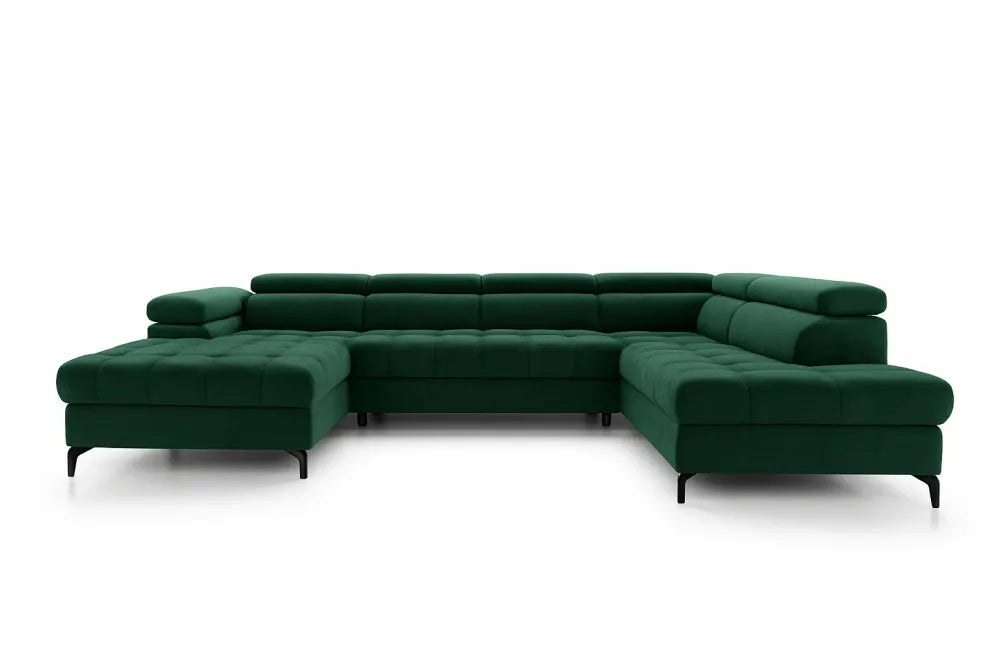 Coltar extensibil in forma de U si spatiu depozitare din catifea verde Ferruce III L344 x 202cm