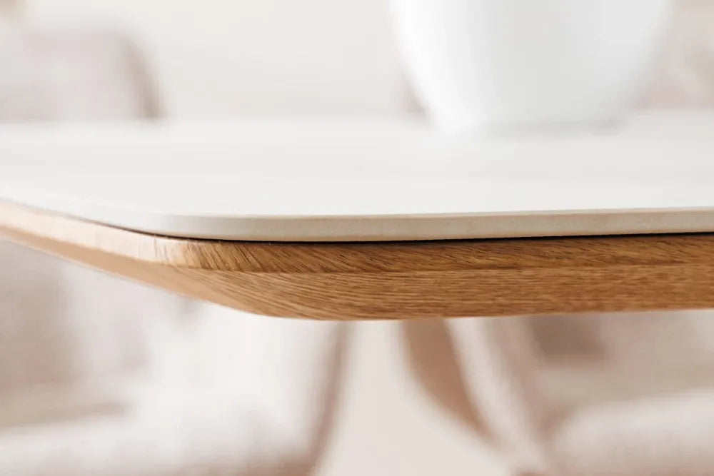 Masa din Ceramica Alb cu efect de marmura si Furnir de stejar Maro L200xH76cm Unique