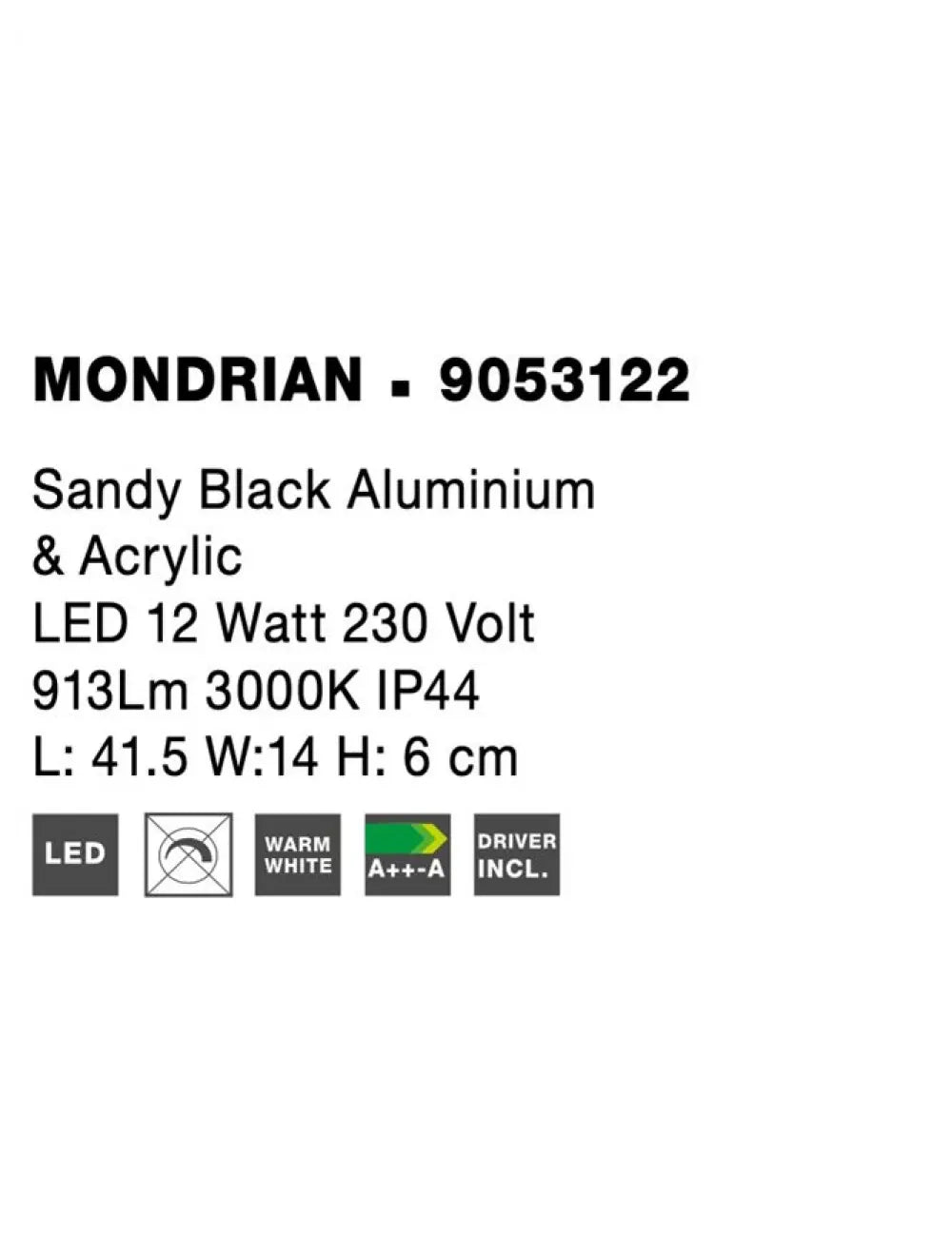 Aplica de perete structura din Aluminiu Negru si abajur din Acrilic Alb H6xL41.5cm IP44 12W 913lm 3000k MONDRIAN