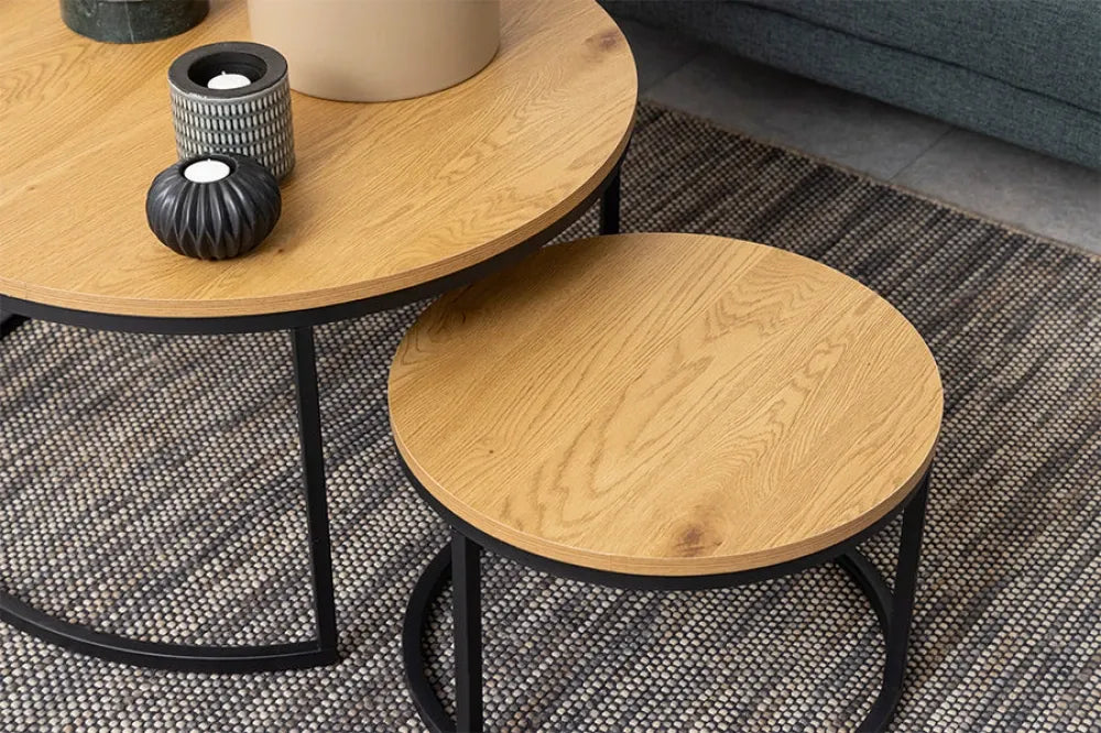 Set 2 masute de cafea din MDF Maro si Metal Negru D50/80xH34/45cm ELEGANCE