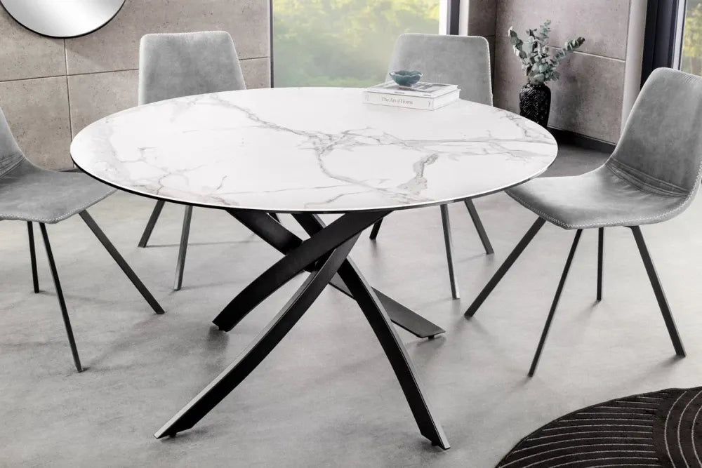 Masa rotunda din Sticla securizata/Ceramica Alb si Metal Negru D120xH74cm Alpine