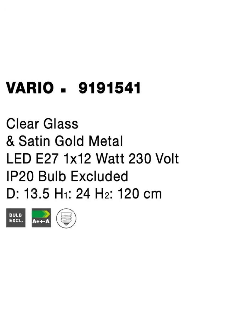 Pendul structura din Metal Auriu si abajur din Sticla Transparent H120xL13.5cm IP20 VARIO