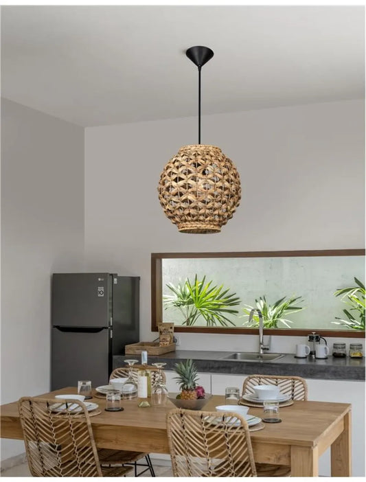 Pendul structura din Metal Negru si abajur din Ratan Bej H215xL30.5cm IP20 GRIFFIN