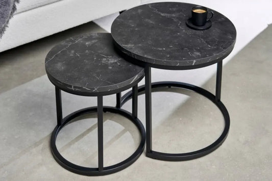 Set 2 masute laterale Rotunde din Lemn stratificat Negru cu efect de marmura si Metal Negru D35/45xH35/40cm Elegance
