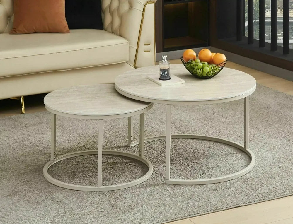 Set 2 masute de cafea din Metal Bej si Ceramica Bej mat D60/80xH40/45cm Ferrante K
