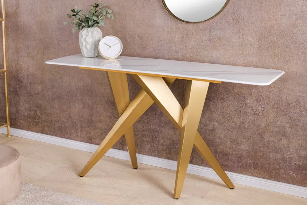 Consola din Ceramica Alb cu efect de marmura si Metal Auriu L140xH75cm ART LIVING