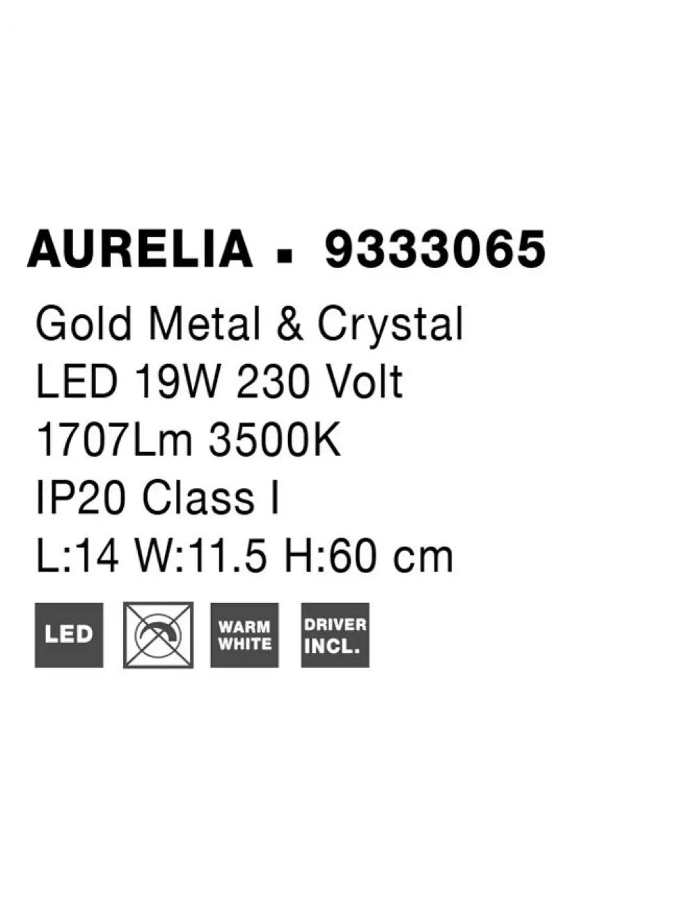 Aplica de perete structura din Metal Auriu si abajur din Cristal Transparent H60xL14cm IP20 19W 1707lm 3500k AURELIA