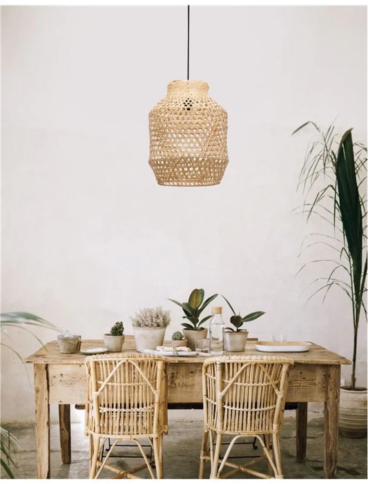 Pendul structura din Metal Negru si abajur din Ratan Bej H215xL35cm IP20 MIA