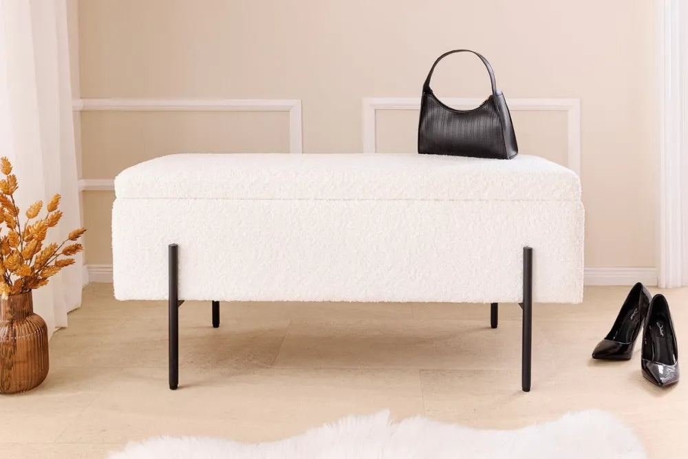 Bancheta cu spatiu de depozitare din Metal Negru si Stofa boucle Alb H46xL100cm Loft