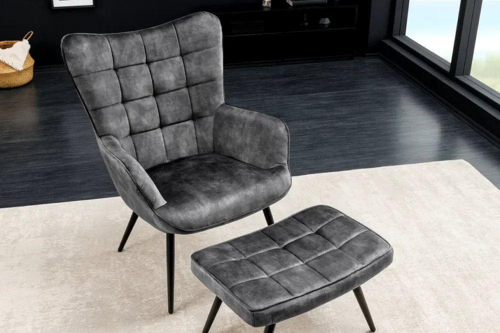 Puf din Metal Negru si Catifea Gri H39xL60cm Scandinavia