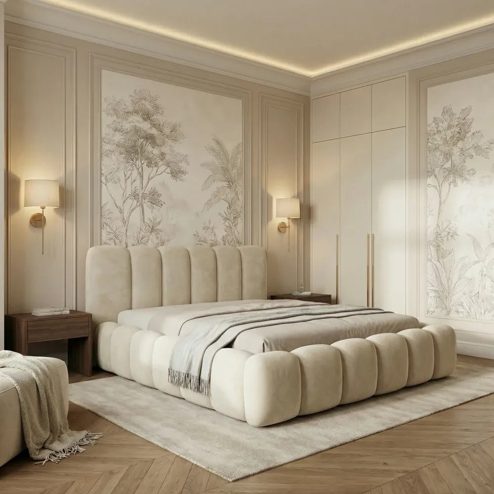 Pat tapitat cu material catifea Crem 160 x 200 Dallas slim