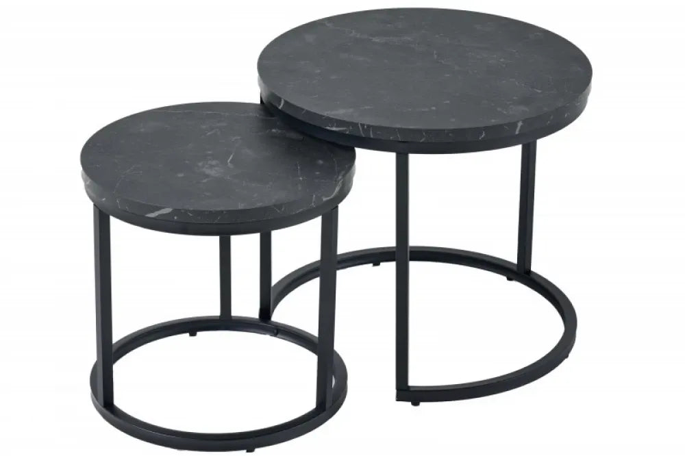 Set 2 masute laterale Rotunde din Lemn stratificat Negru cu efect de marmura si Metal Negru D35/45xH35/40cm Elegance