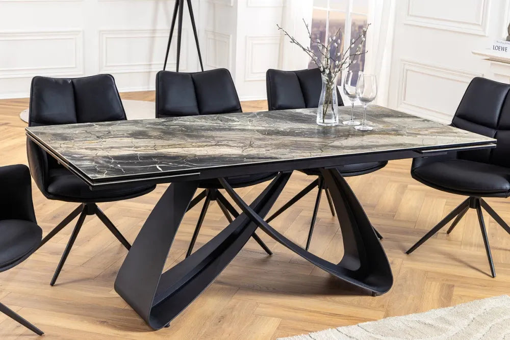 Masa din Sticla securizata/Ceramica Maro taupe si Metal Negru L180-220-260xH76cm Infinity