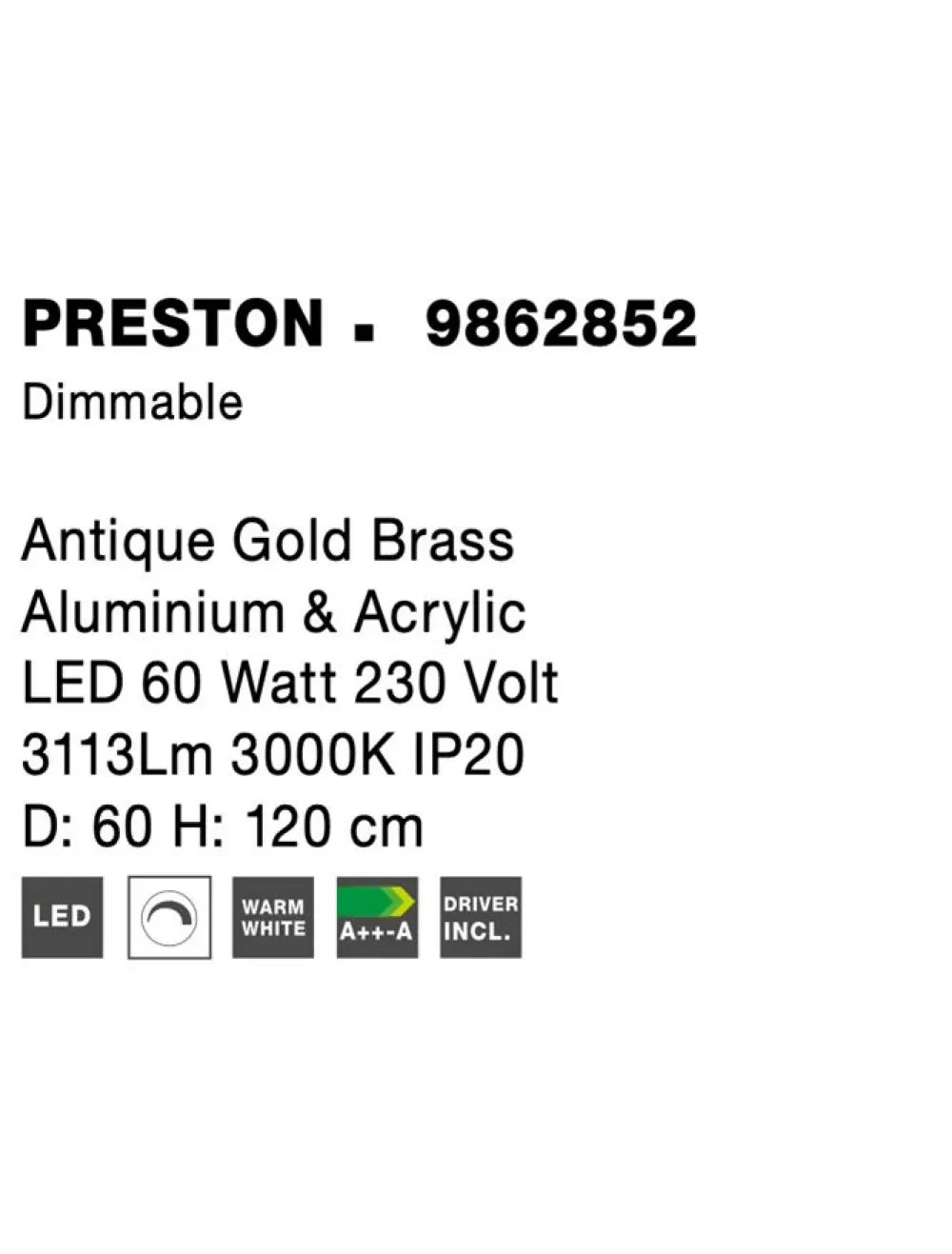 Candelabru structura din Aluminiu Auriu antichizat si abajur din Acrilic Transparent H120xL60cm IP20 62W 3113lm 3000k PRESTON