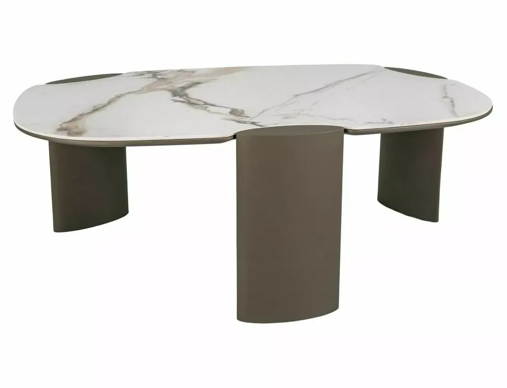 Masuta de cafea din Metal Cupru si MDF+Ceramica Alb lucios cu efect de marmura L105xH38cm Adoro