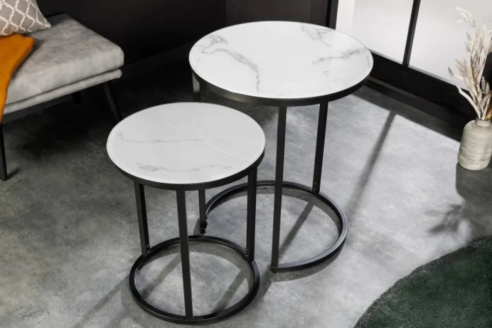 Set 2 Masute de colt Rotunde din Sticla securizata Alba si Metal Negru D40-50xH50-60cm Elegance