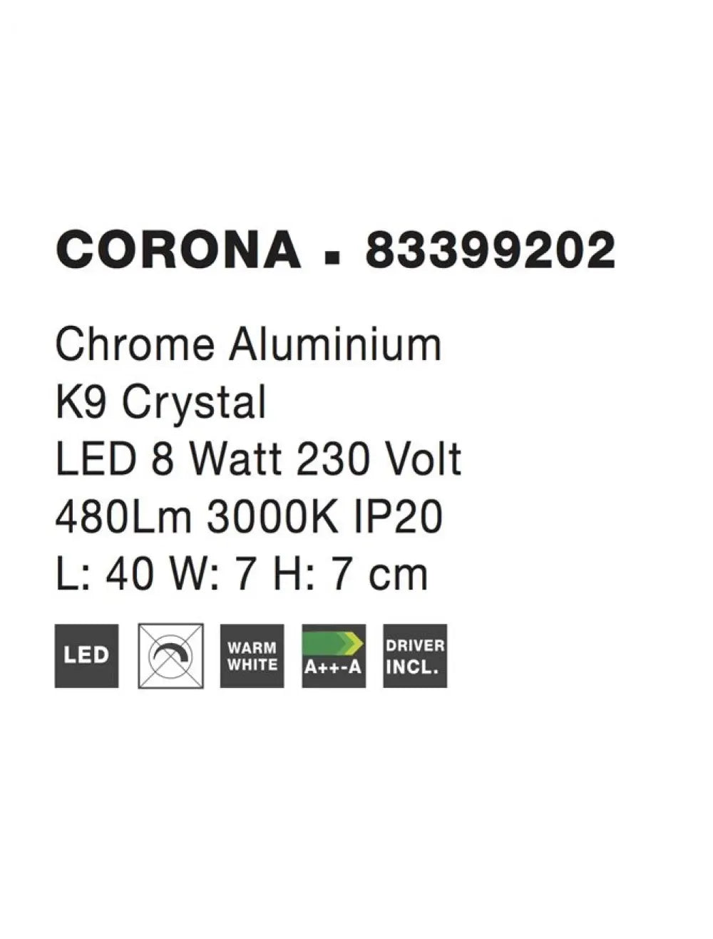 Aplica de perete structura din Aluminiu Argintiu si abajur din Cristal Transparent H7xL40cm IP20 8W 480lm 3000k CORONA