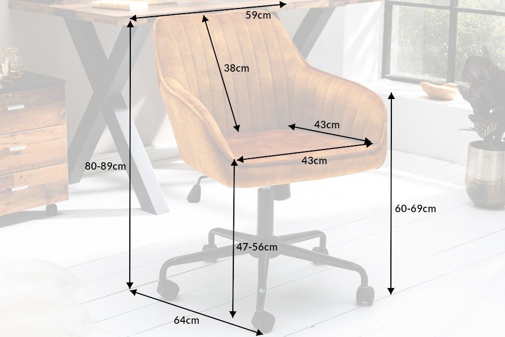 Scaun de birou reglabil cu rotile din Catifea si Metal Galben/Negru Turin H80-89xL59xA64cm