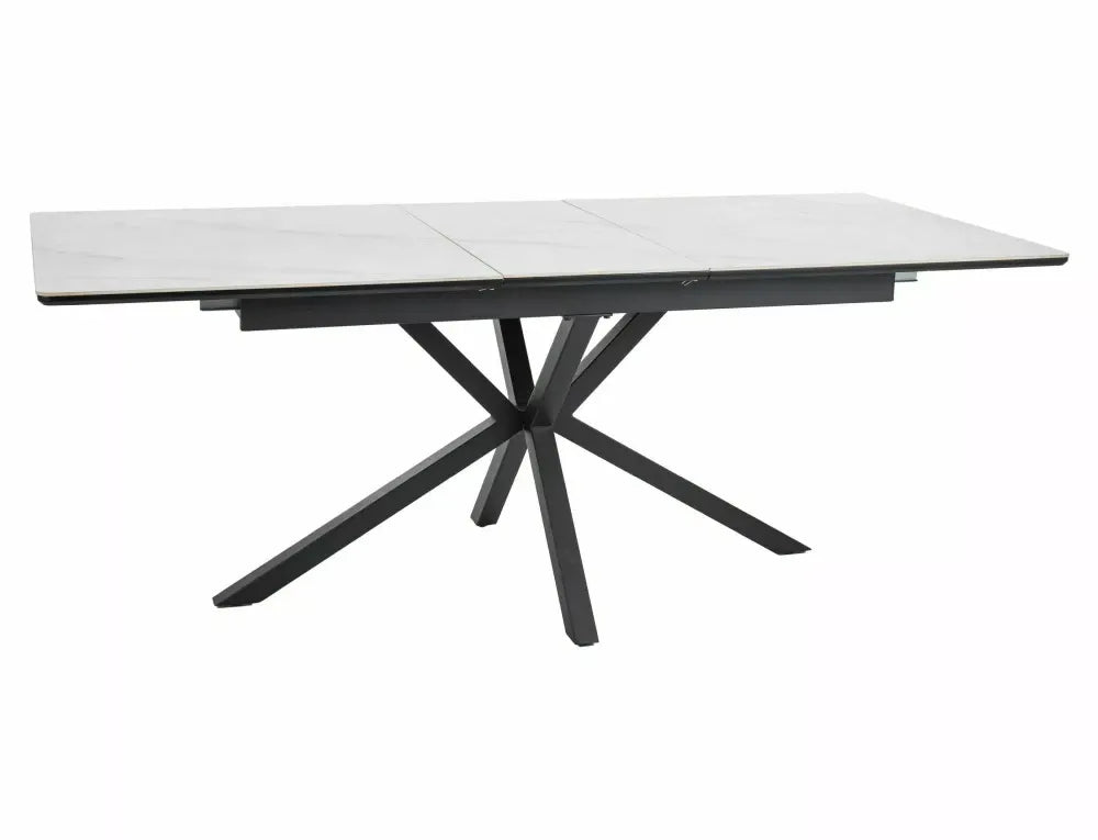 Masa Extensibila de 10 persoane din Ceramica+MDF Alb mat cu efect de marmura si Metal Negru mat L160-200xH75cm Logan