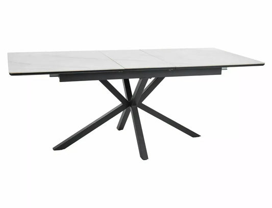 Masa Extensibila de 10 persoane din Ceramica+MDF Alb mat cu efect de marmura si Metal Negru mat L160-200xH75cm Logan