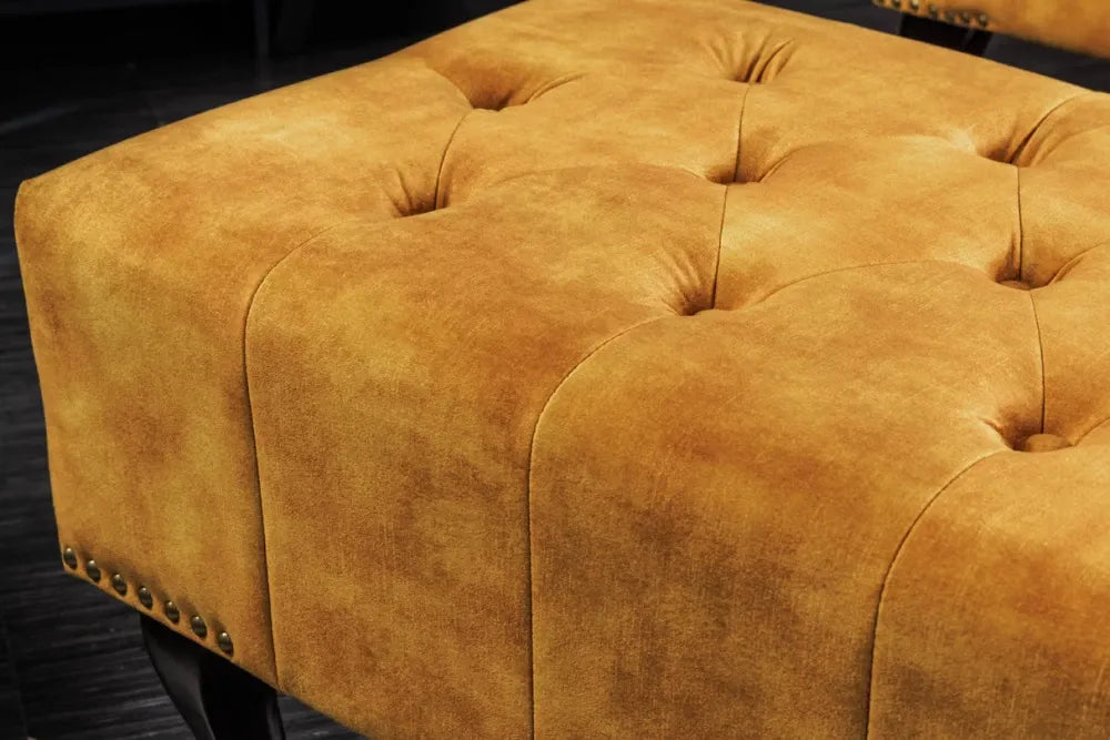Puf din Lemn de pin Maro inchis si Catifea Galben H40xL80cm Chesterfield