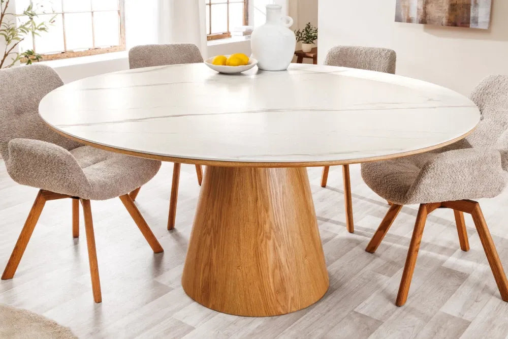 Masa din Ceramica Alb cu efect de marmura si Furnir de stejar Maro D120xH75cm Unique