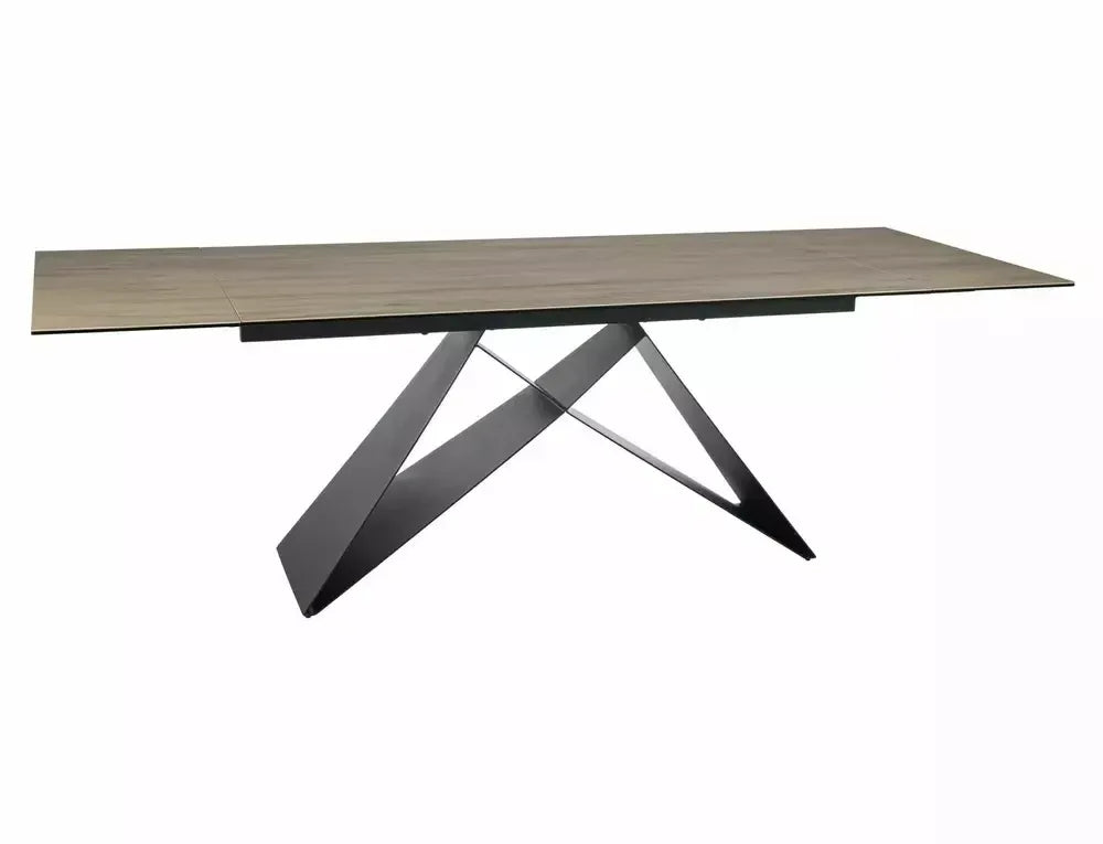 Masa Extensibila de 12 persoane din Sticla securizata+Ceramica Maro deschis si Metal Negru mat DxH77cm Westin