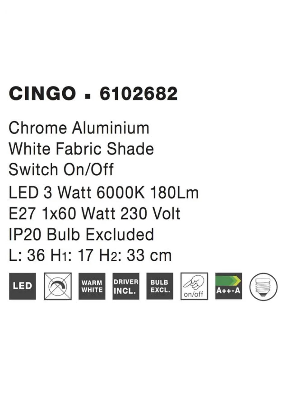 Aplica de perete structura din Aluminiu Argintiu si abajur din Textil Alb H33xL36cm IP20 3W 180lm 3000k CINGO