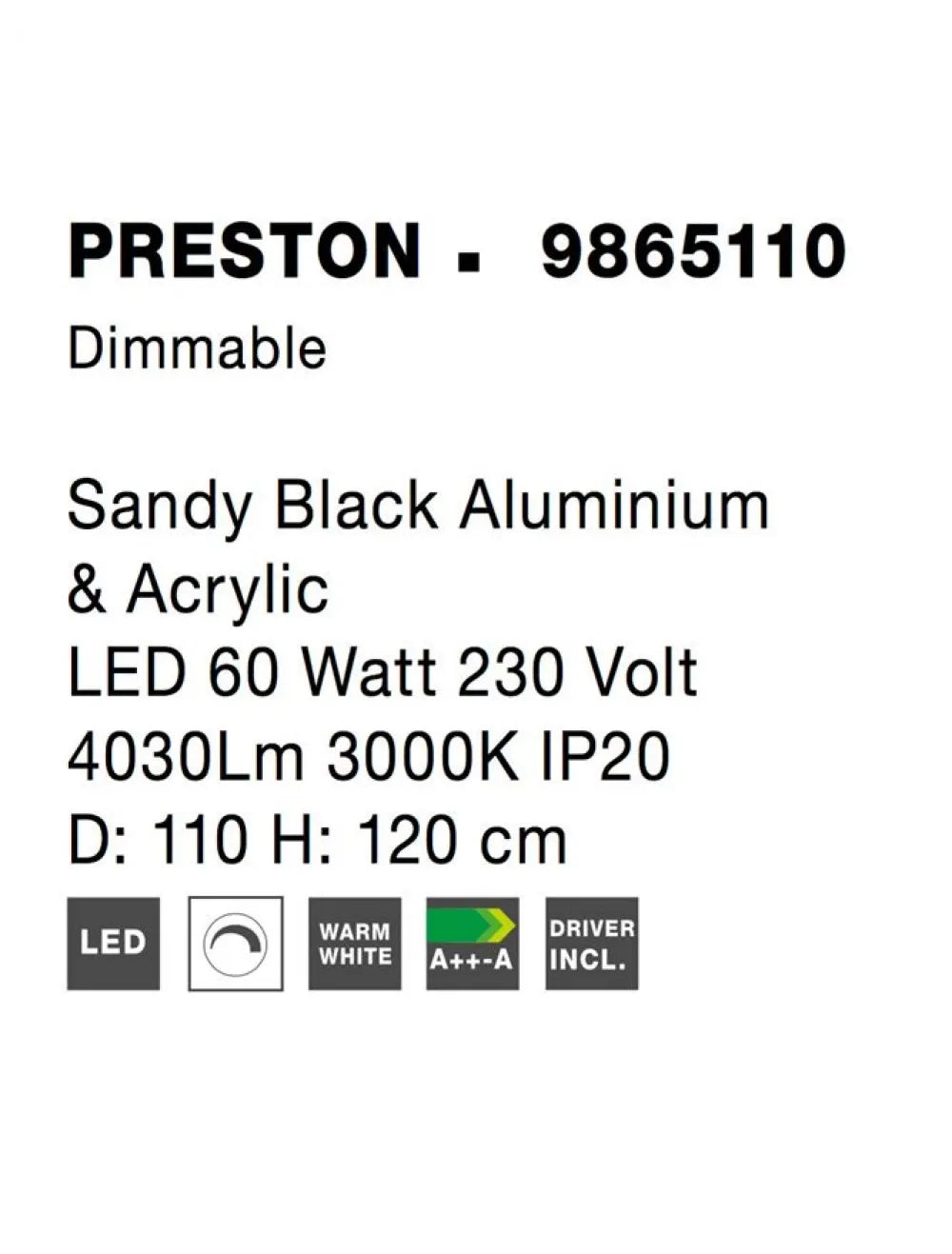 Lustra din Aluminiu Negru H120xL110cm IP20 60W 4030lm 3000k PRESTON