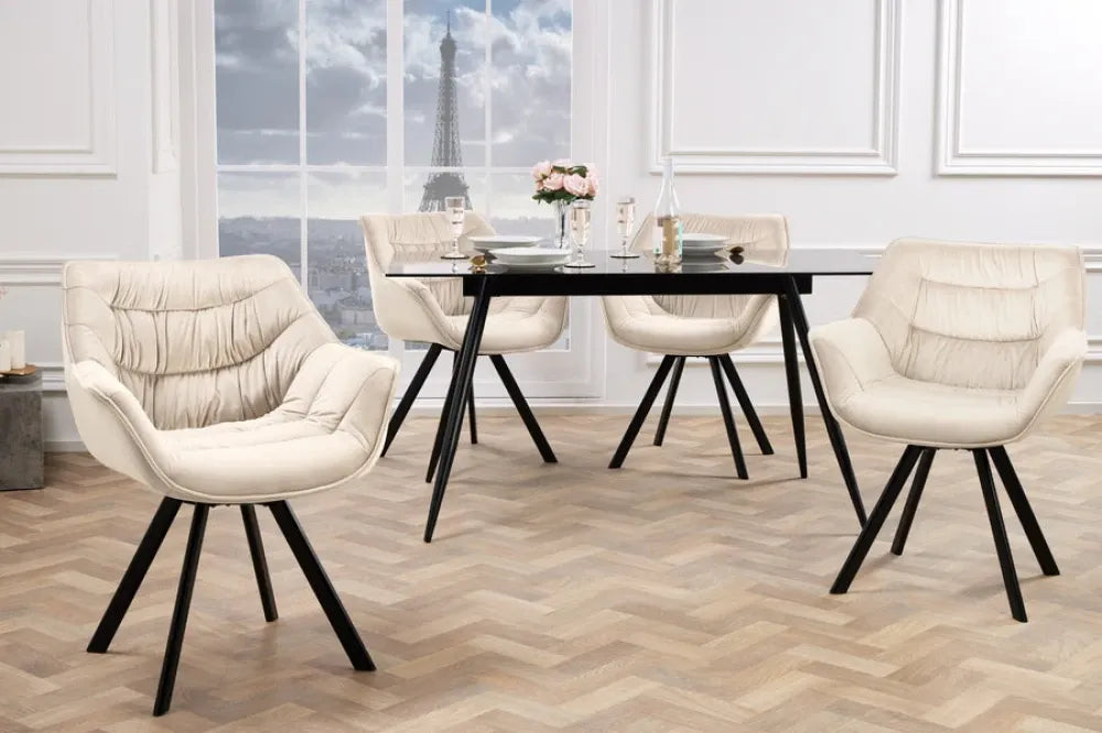 Set 2 scaune rotative tapitat cu Catifea Bej sampanie si picioare din Metal Negru H80xL64xA62cm THE DUTCH COMFORT