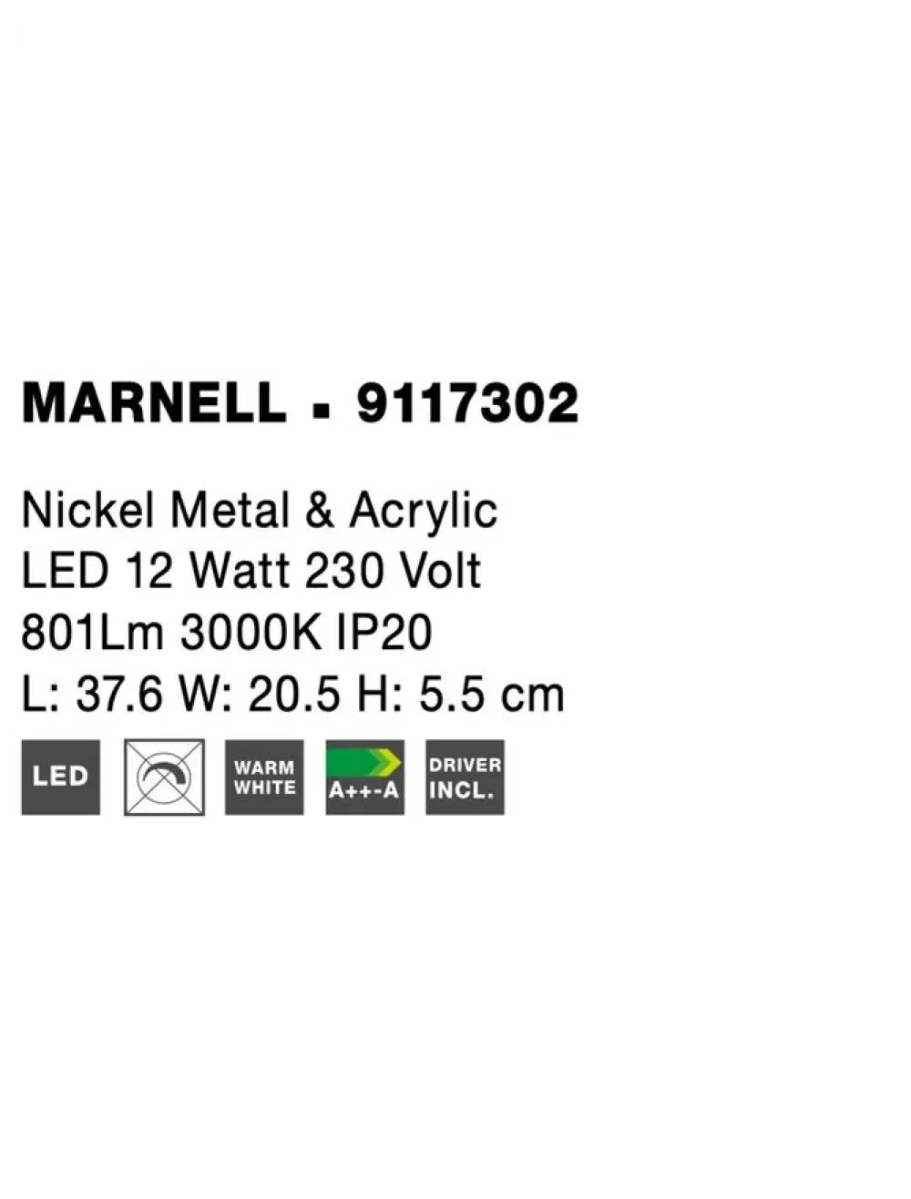 Aplica de perete structura din Metal Argintiu si abajur din Acrilic Alb H5.5xL37.6cm IP20 12W 801lm 3000k MARNELL