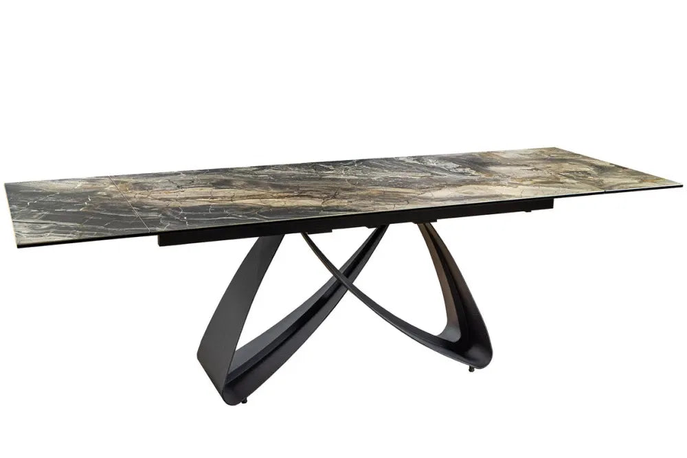 Masa din Sticla securizata/Ceramica Maro taupe si Metal Negru L180-220-260xH76cm Infinity