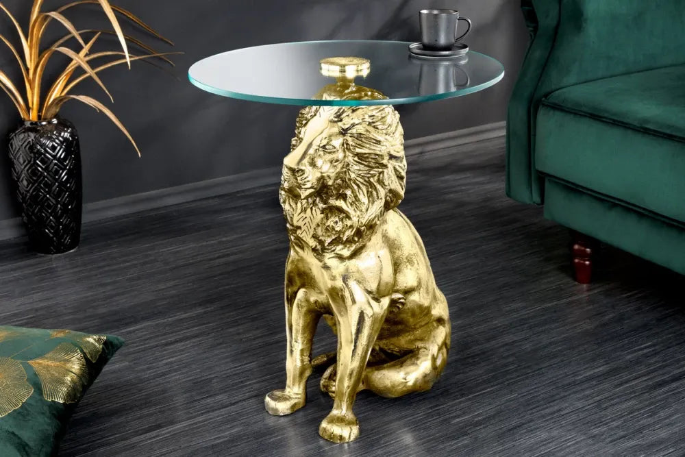 Masuta laterala din Sticla securizata Transparent si Metal Auriu L45xH57cm Wildlife lion