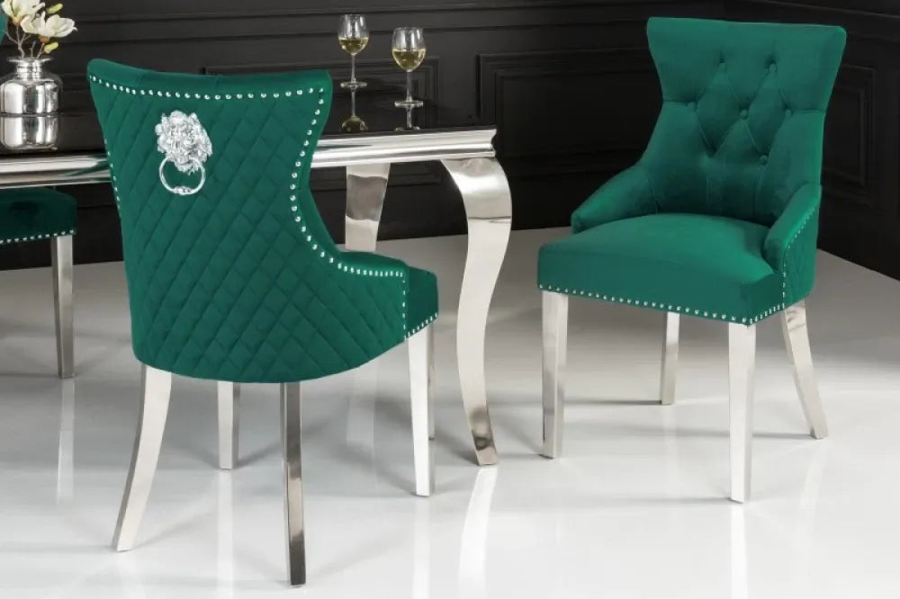 Scaun tapitat cu Catifea Verde cu picioare din Otel inoxidabil Argintiu H94xL53xA63cm Castle Deluxe