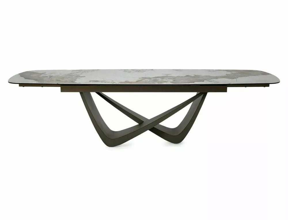 Masa extensibila din Metal Cupru si Sticla securizata+Ceramica Alb lucios cu efect de marmura L200-290xH77cm Maranello