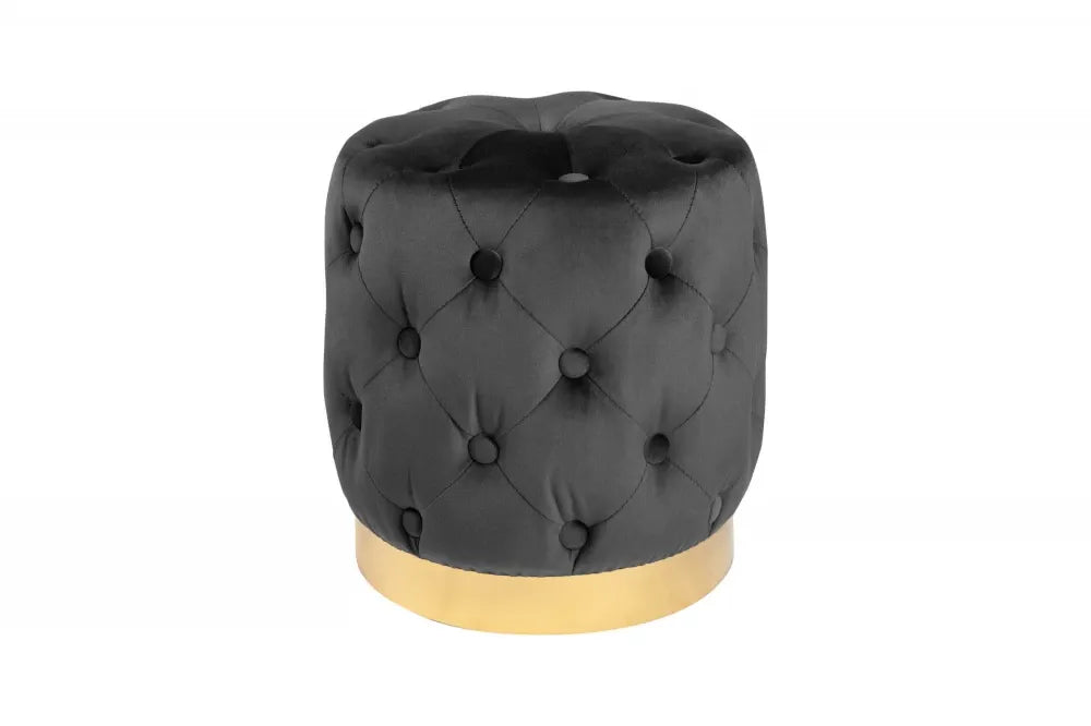 Taburet rotund tapitat cu Catifea Negru si baza metalica Aurie D37xH38cm Barock