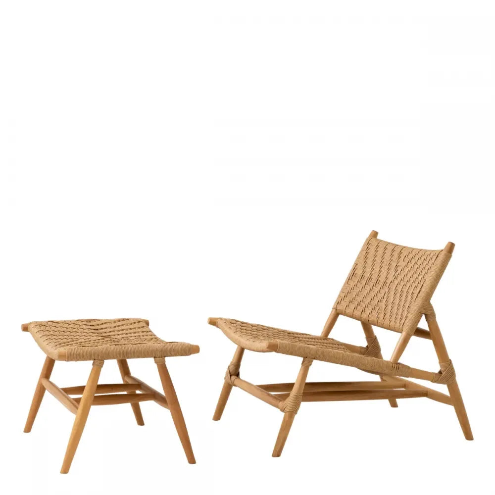 Scaun de exterior cu taburet din Lemn de tec Maro si Polietilena Maro H78.5xL68xA140cm Laroc Eichholtz