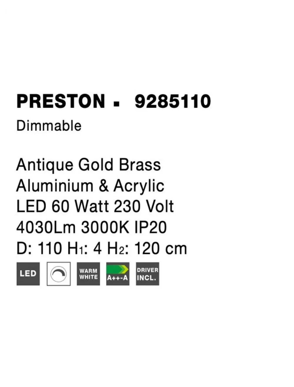 Lustra structura din Aluminiu Auriu antichizat si abajur din Acrilic Transparent H120xL110cm IP20 60W 4030lm 3000k PRESTON