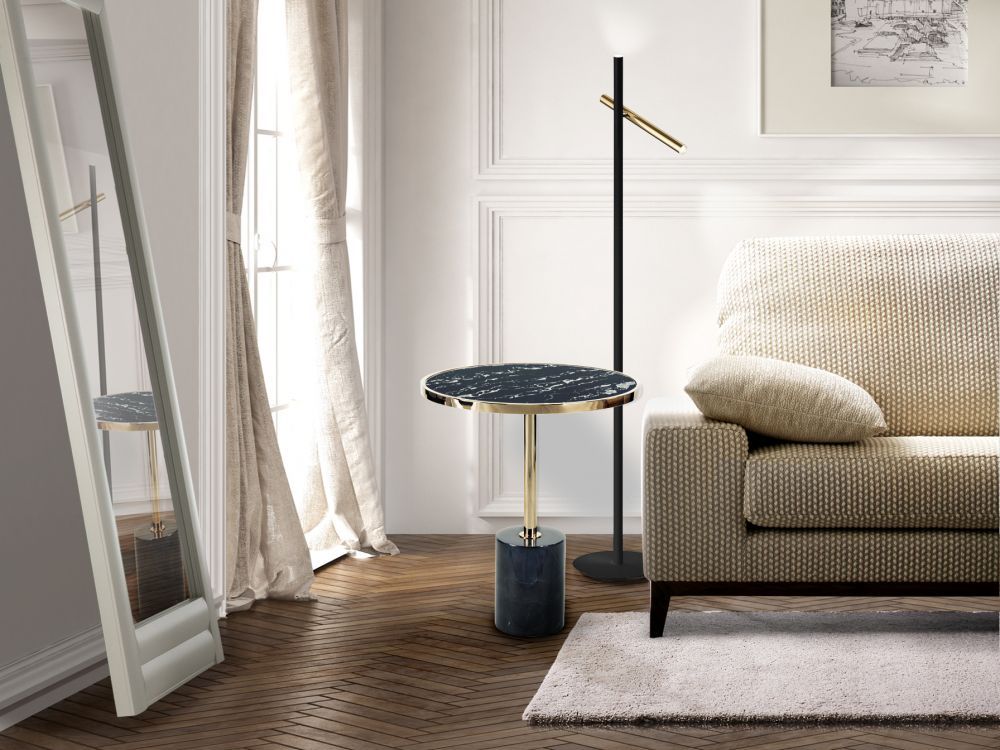 Masuta de colt rotunda din marmura si otel inoxidabil Negru/Auriu D46xH54cm Dekala