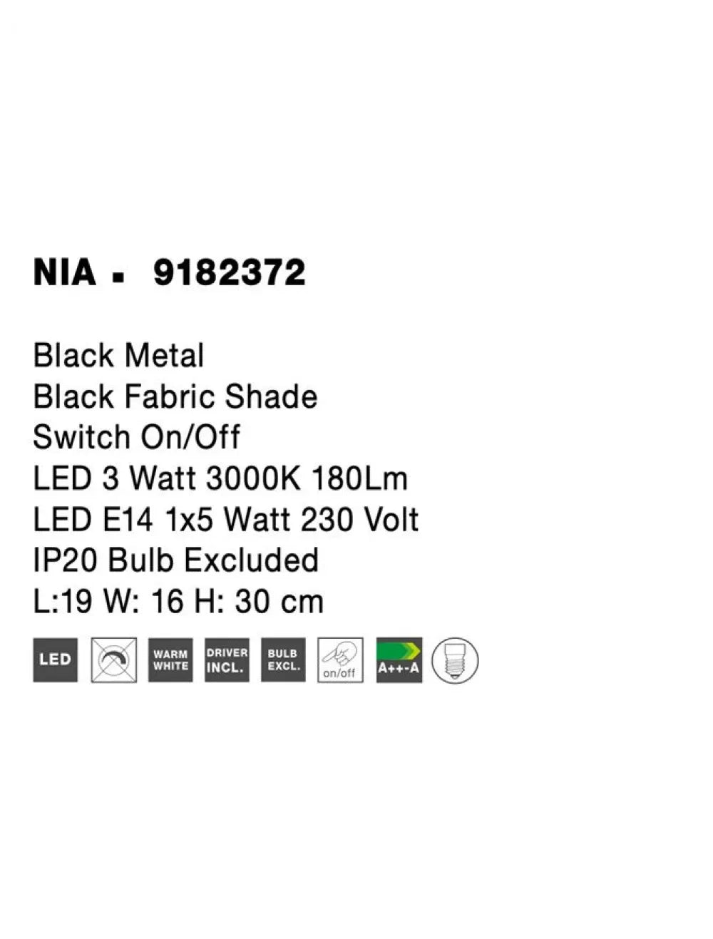 Aplica de perete structura din Aluminiu Negru si abajur din Textil Negru H30xL19cm IP20 3W 180lm 3000k NIA