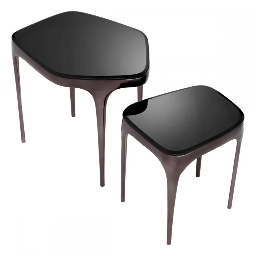 Set 2 masute laterale Asimetrice din Aluminiu Negru si Sticla Negru L41/62.5xl36/46.5cm Deacon Eichholtz