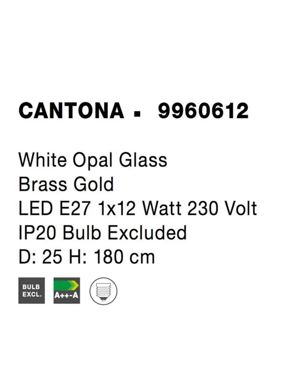 Pendul structura din Metal Auriu si abajur din Sticla Alb H180xL25cm IP20 CANTONA