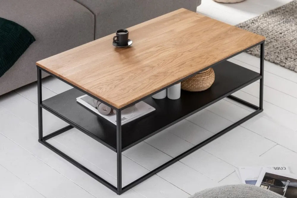 Masuta de cafea Dreptunghiulara din Lemn masiv de stejar Maro si Metal Negru L95xH40cm Apartment